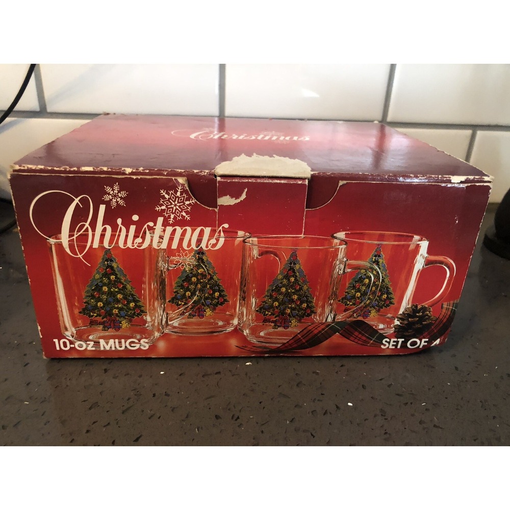 Carlton Glass Christmas‎ Holiday Tree Drinking Glasses Mugs Handles Set Of 4